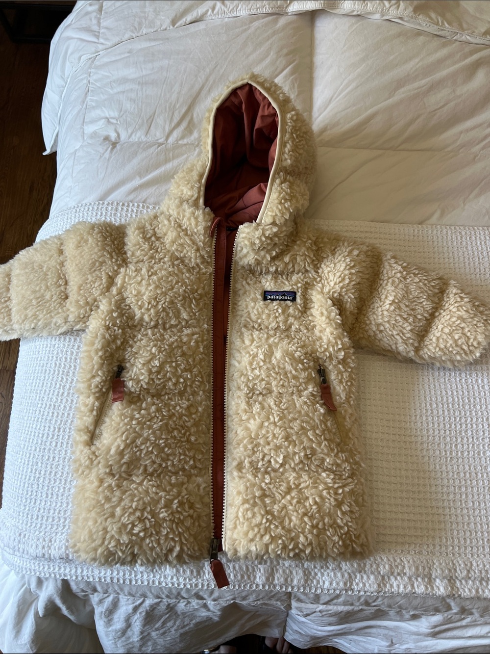 Patagonia Hi-Pile Fleece Puffer Coat in Cream with Rust Accents